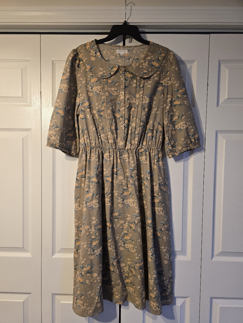 Women's Cotton Linen Floral Button Front Short Sleeve Midi Dress Size 14/16